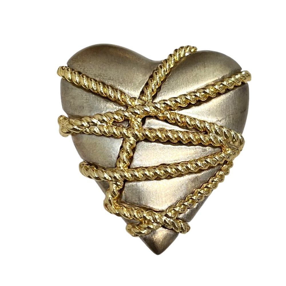 VINTAGE HEART BROOCH IN SILVER TONE WITH GOLD TONE ROPES